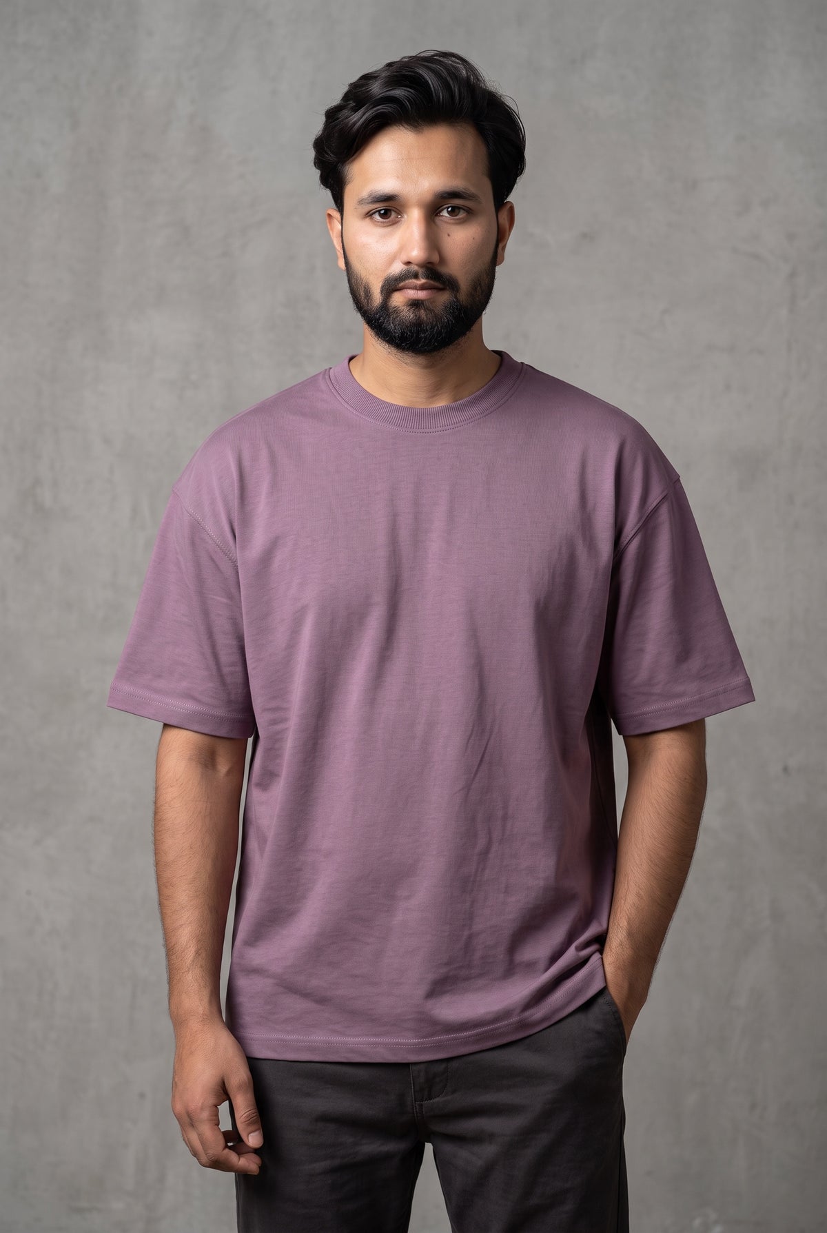 Front view of model wearing Zuke Lifestyle Mauve heavy cotton drop shoulder oversized t-shirt